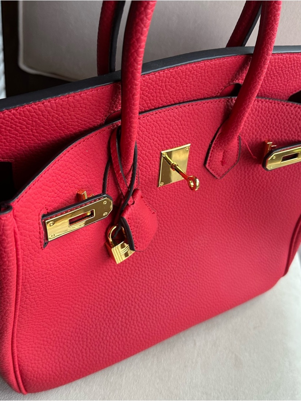 Red Structured Top Handle Bag | Gold Hardware | Statement Classic Style - Picture 8 of 13